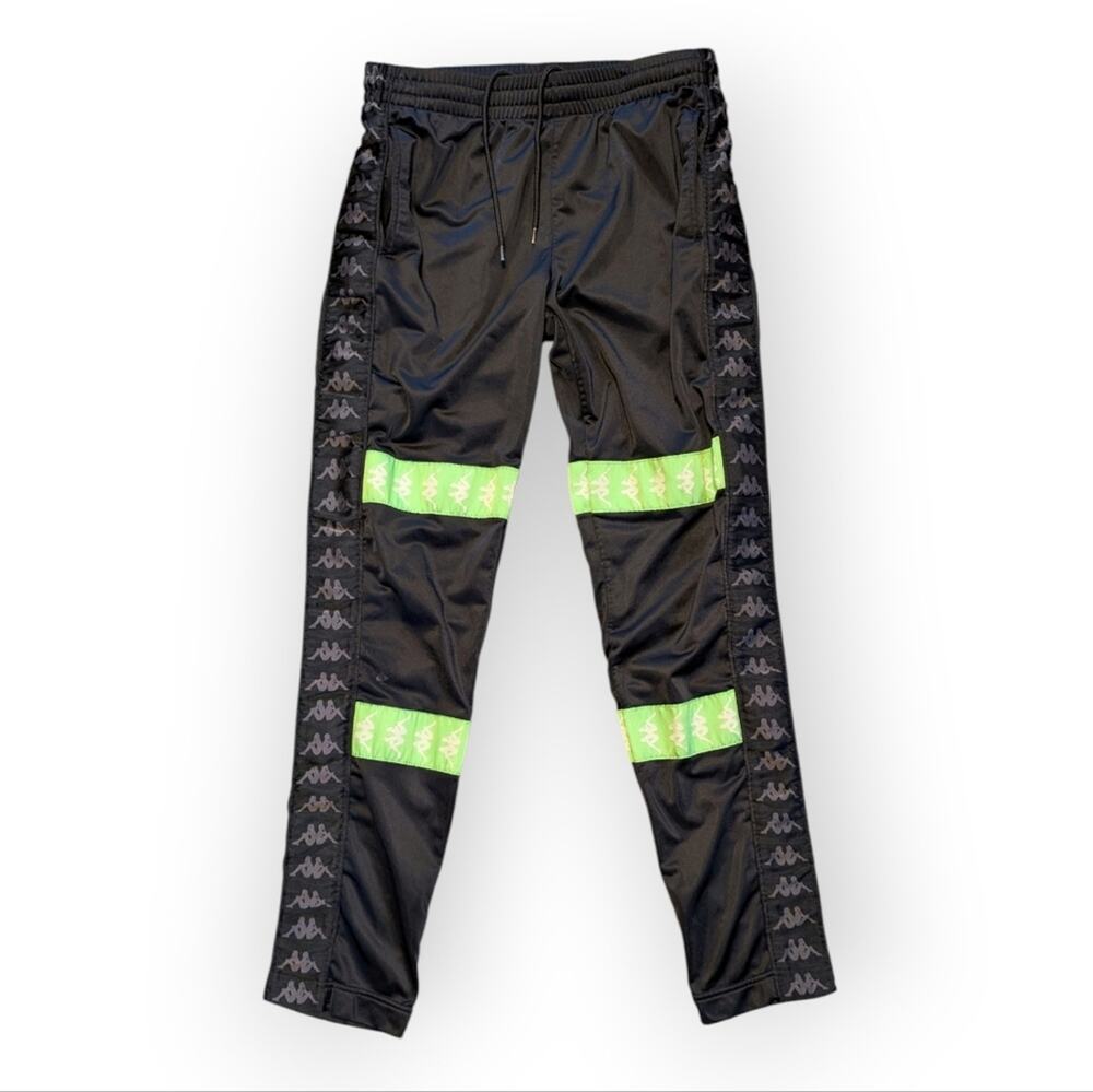 Kappa Sports Pants Unisex Black Neon Green Logo Track Pants Medium